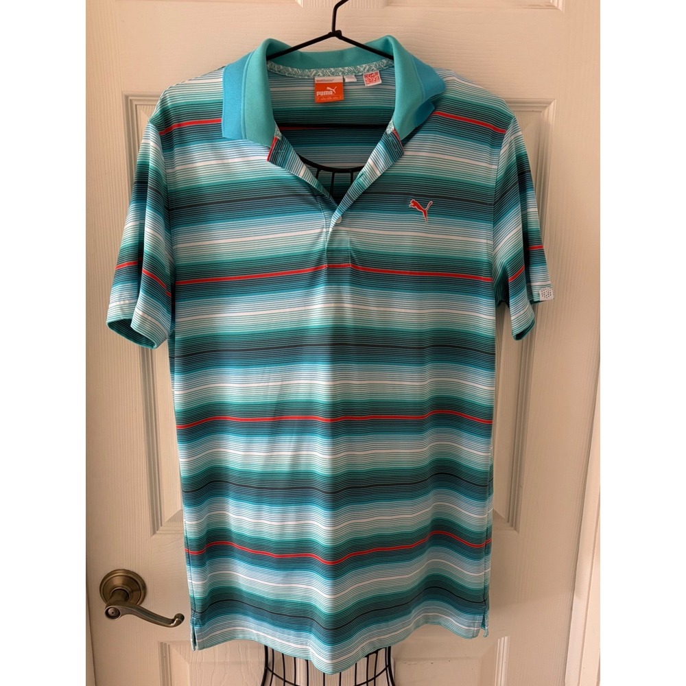 Puma Golf Polo Shirt Men's Large Turquoise Striped dryCELL Performance